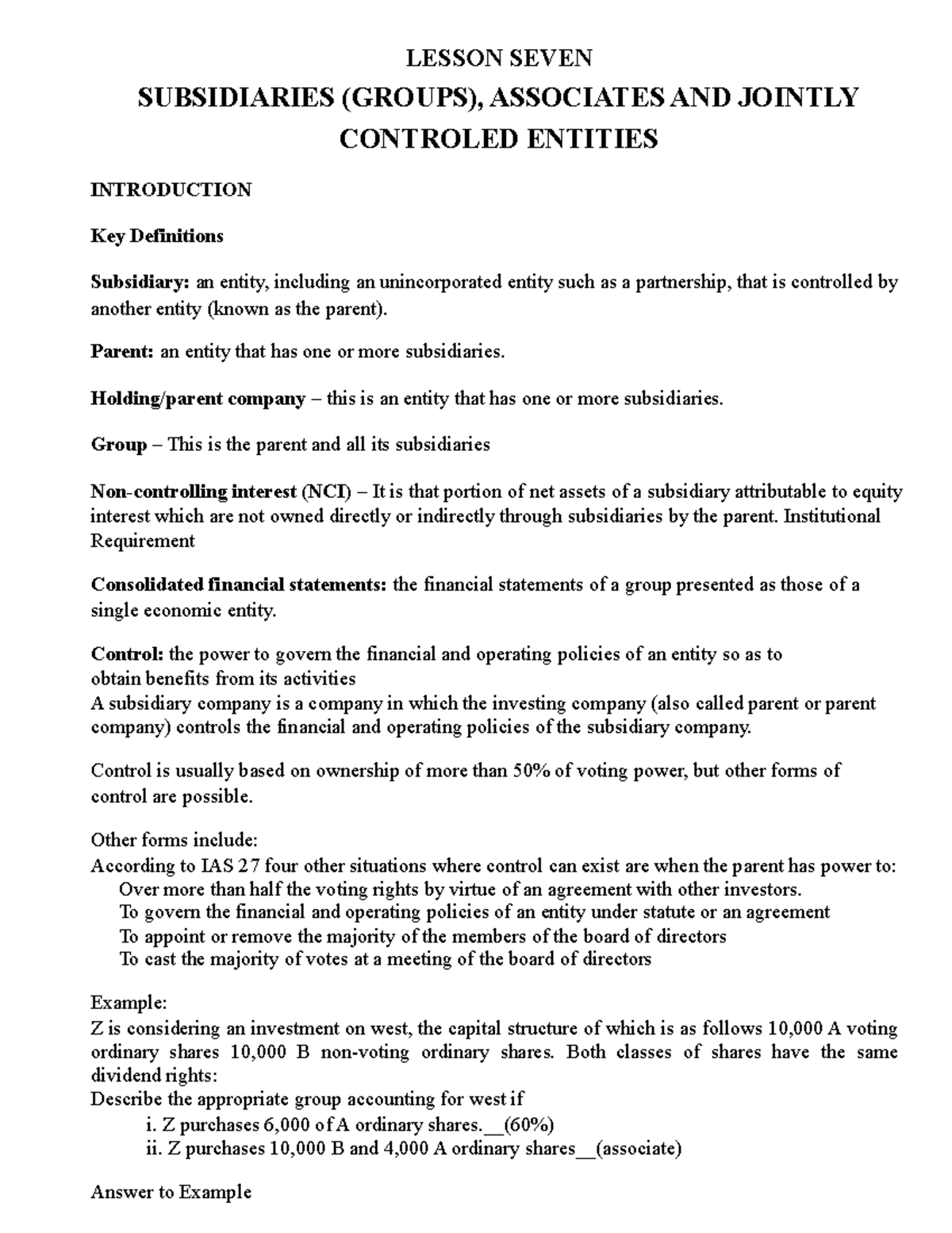 Lesson 7 - Lecture Notes on Subsidiaries & Consolidated Financial ...