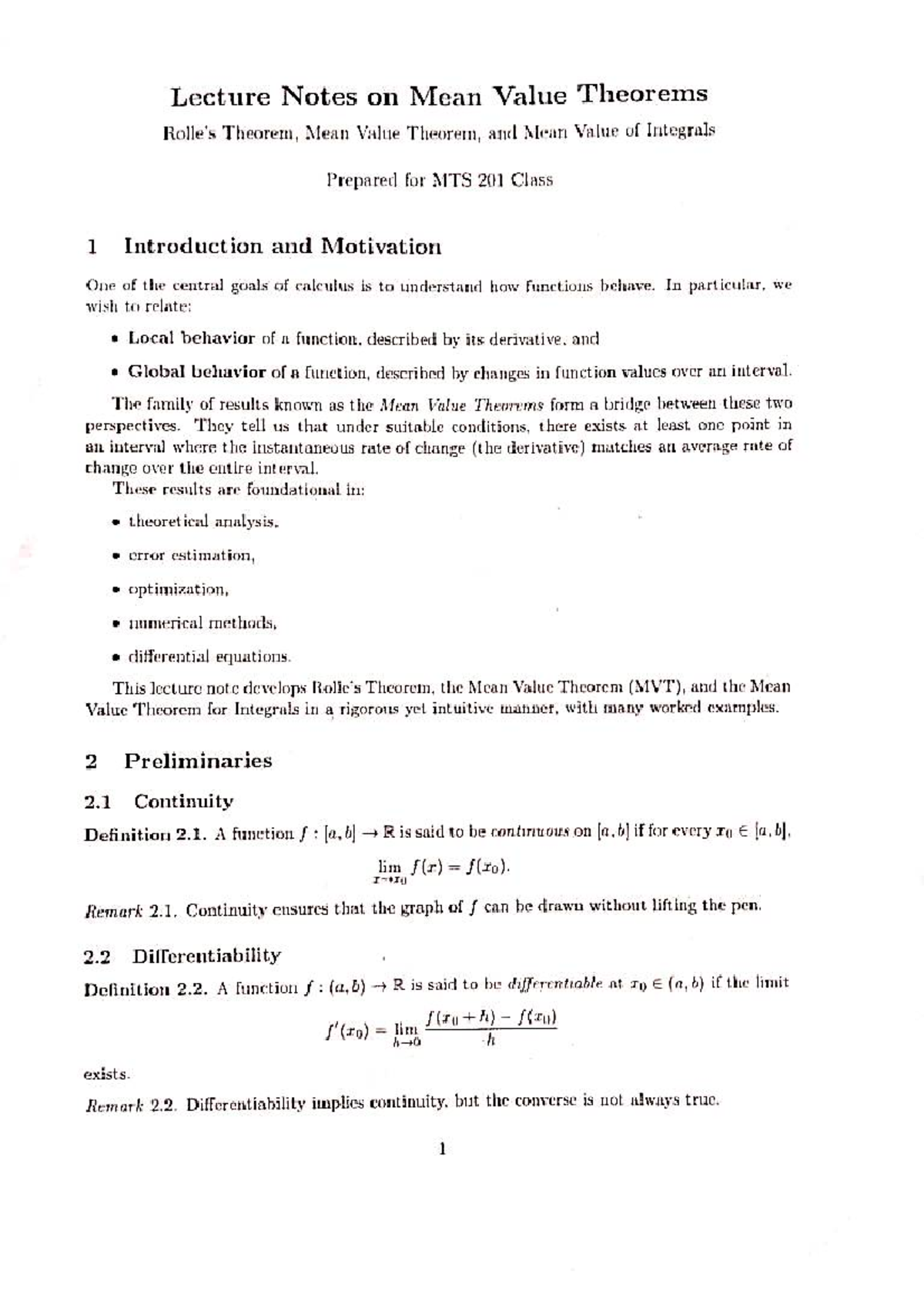 Lecture Notes on Mean Value Theorems for MTS 201 - Studocu