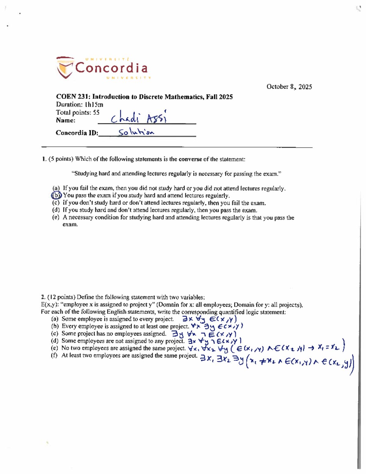 COEN 231 Fall 2025 Midterm 1 Solutions and Explanations - Studocu