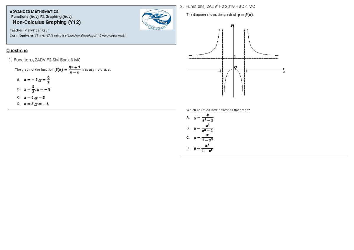 Non-Calculus Graphing Functions, F2 2019 HSC & 2021 MC - Studocu