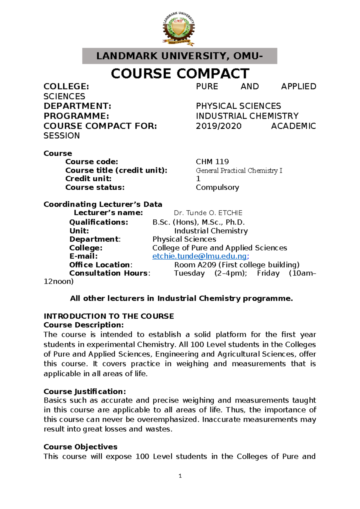 CHM 119 Course Compact - Summary Engineering Network - COURSE COMPACT ...