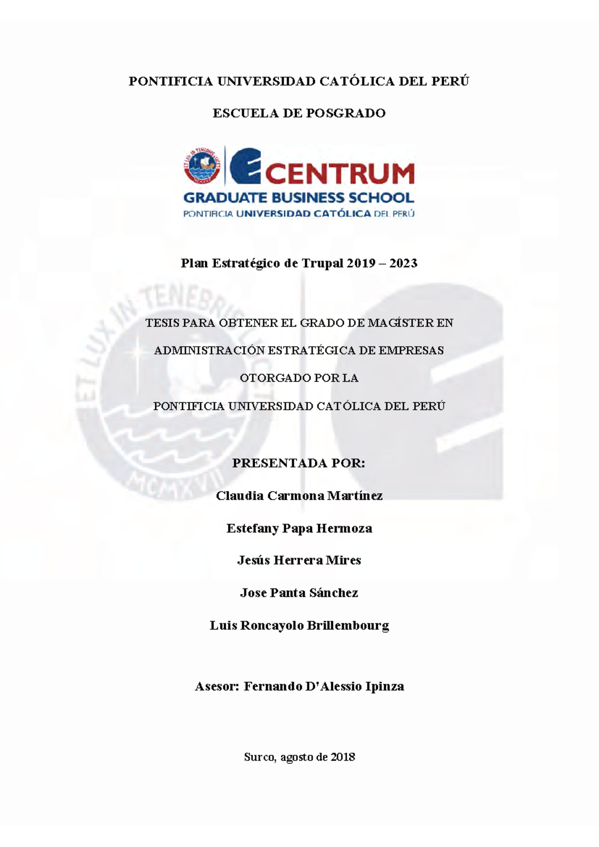 Plan Estratégico de Trupal 2019-2023: Tesis de Magíster en Adm. Estratégica - Document Preview