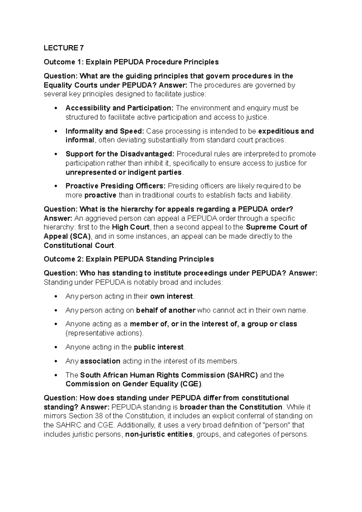 Advanced Human Rights LECTURE 7-12 Test 2 Notes on PEPUDA and AA - Studocu