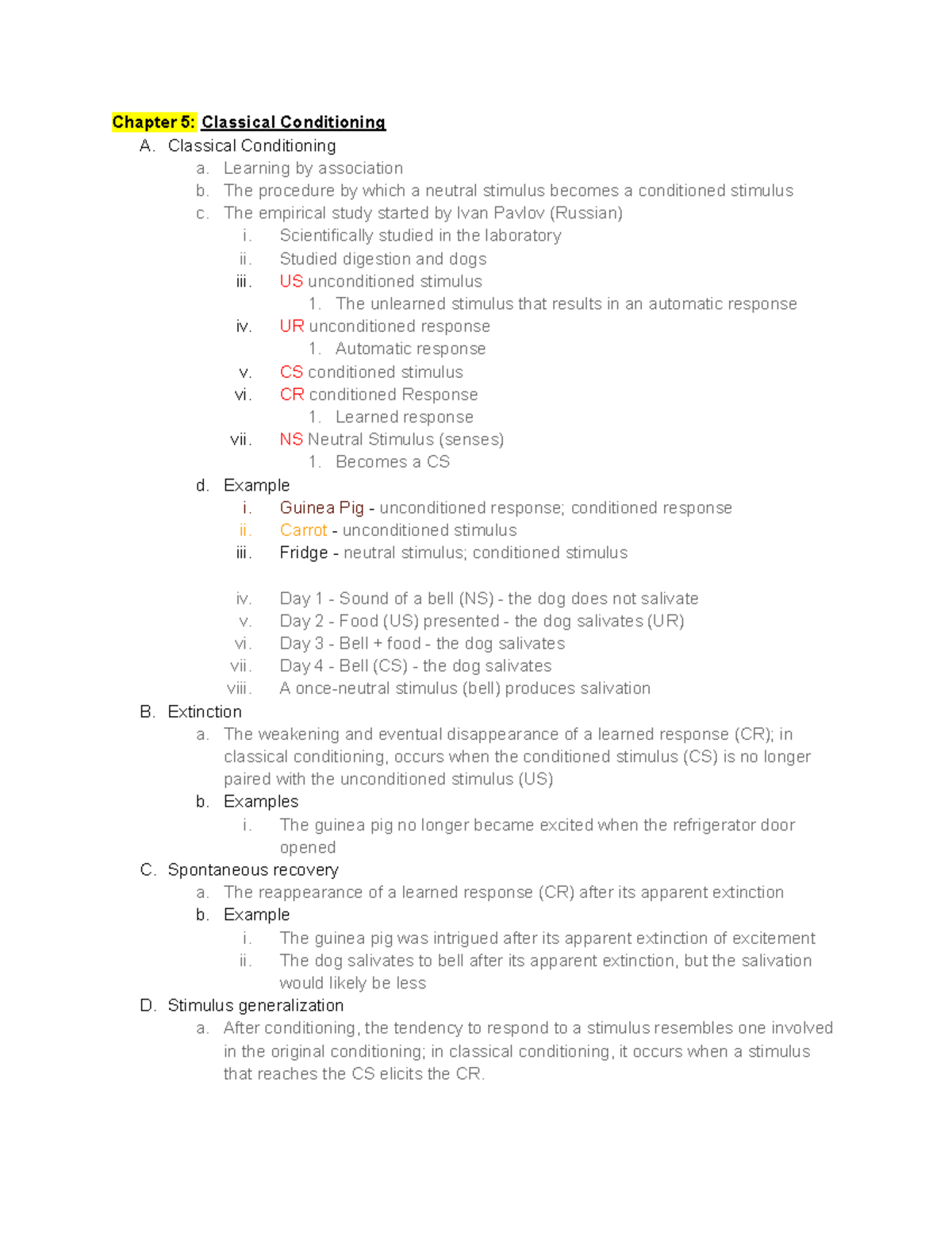 Chapter 5 Notes - Classical Conditioning - Professor O'mara ...
