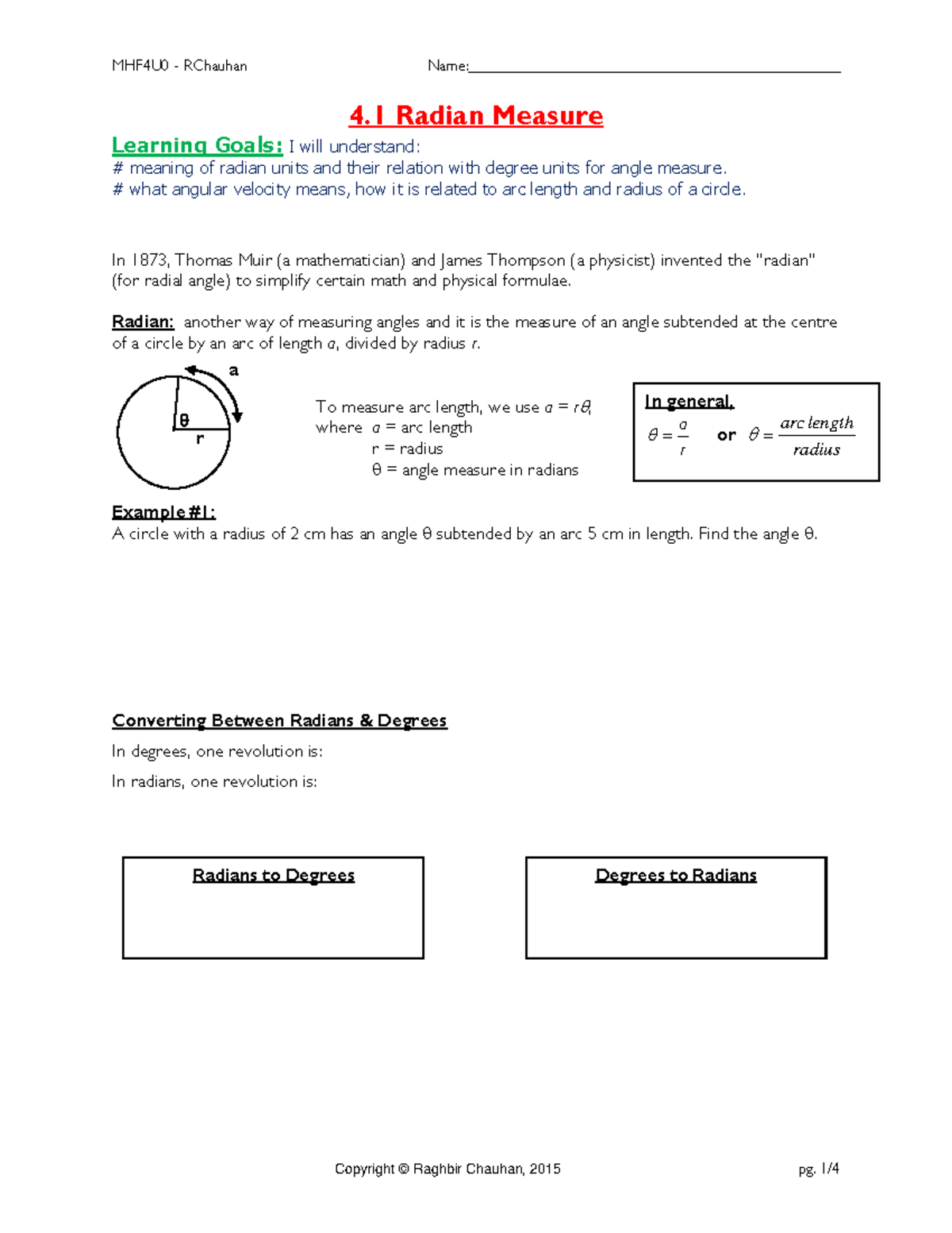 MHF4U0 RChauhan: 4.1 Lesson on Radian Measure & Angular Velocity - Studocu