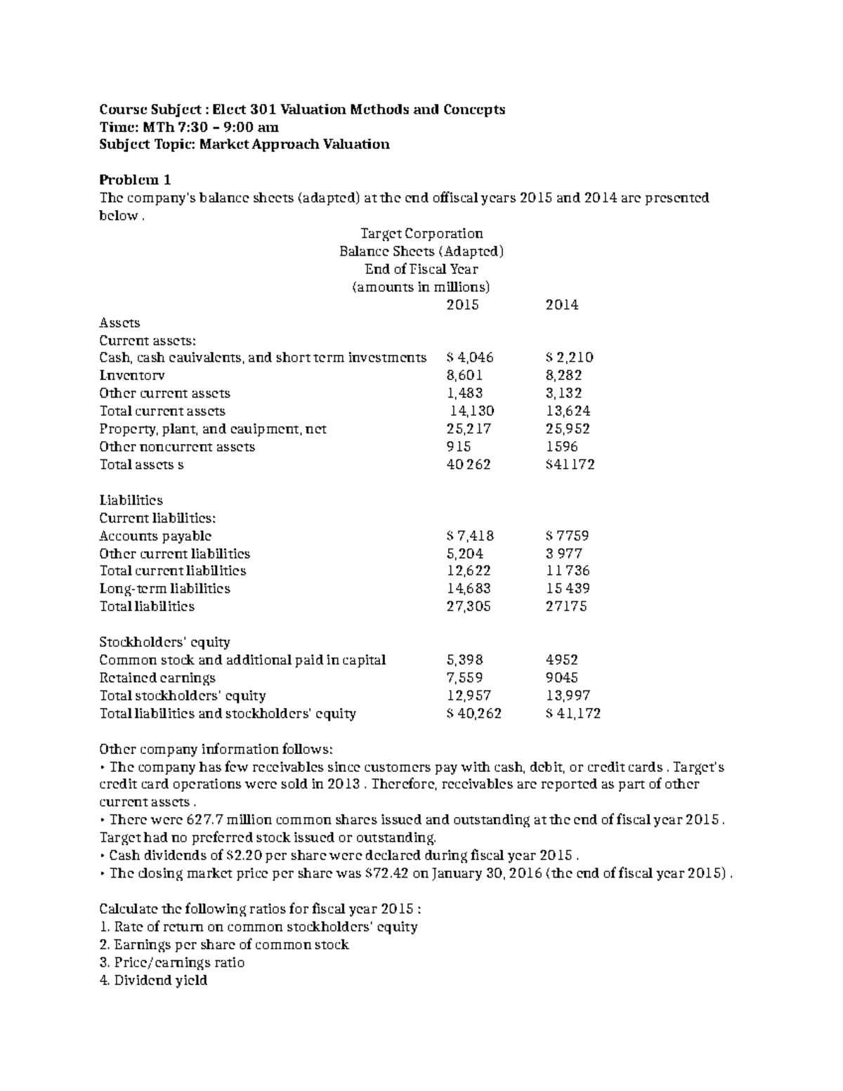 Market approach valuation - Course Subject : Elect 301 Valuation ...