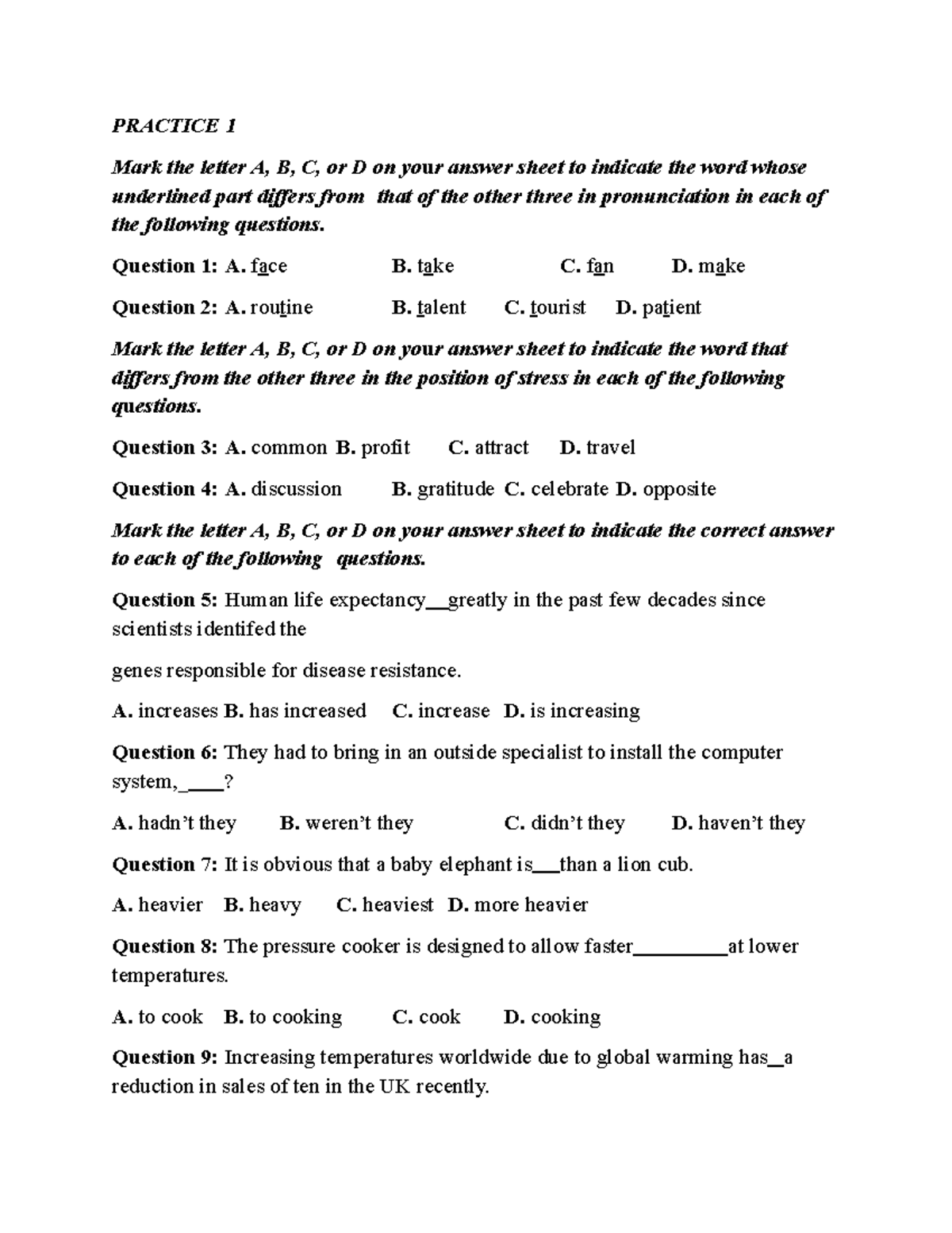 Practice 1: Pronunciation and Stress Questions with Answers - Studocu