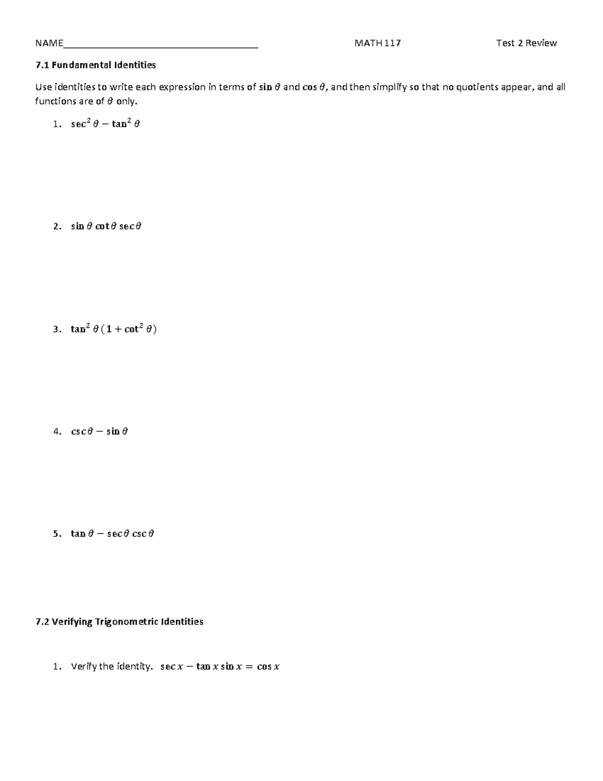 Math 117 Test 2 Review: Trigonometric Identities & Equations - - Studocu