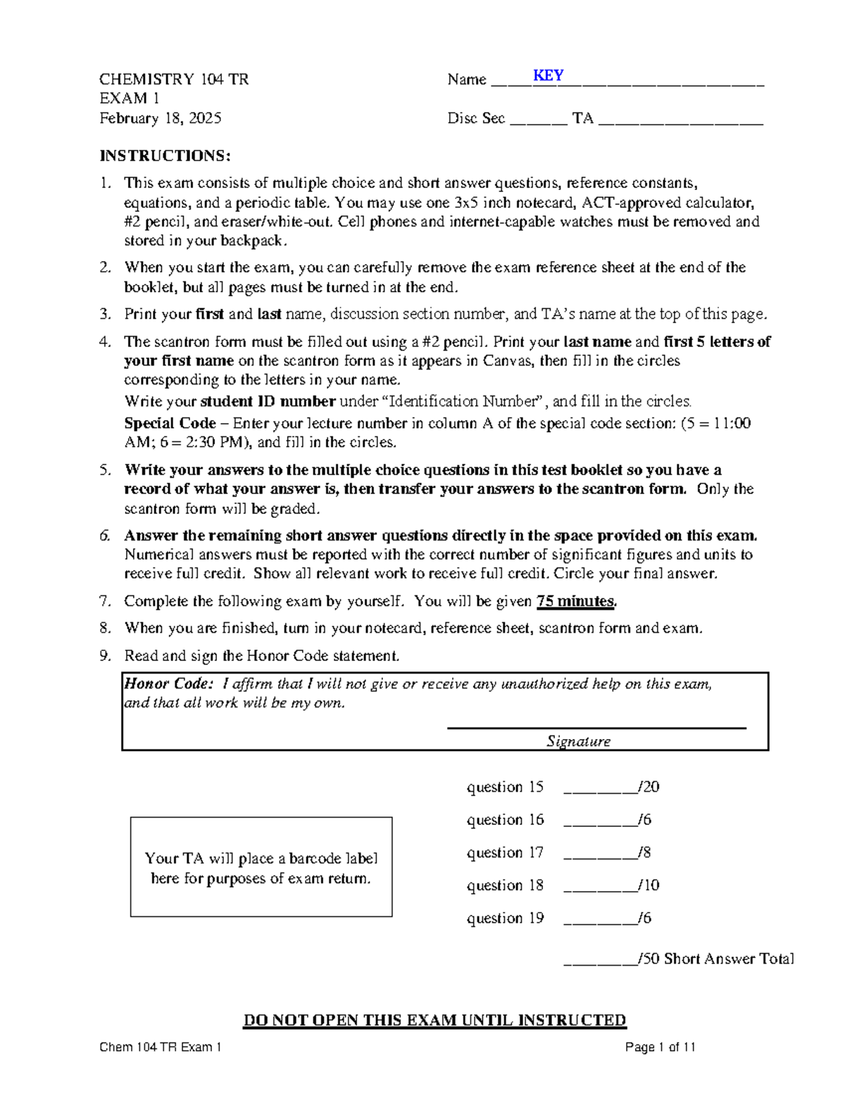 Chem 104 TR Exam 1 Answer Key Spring 2025 - Studocu