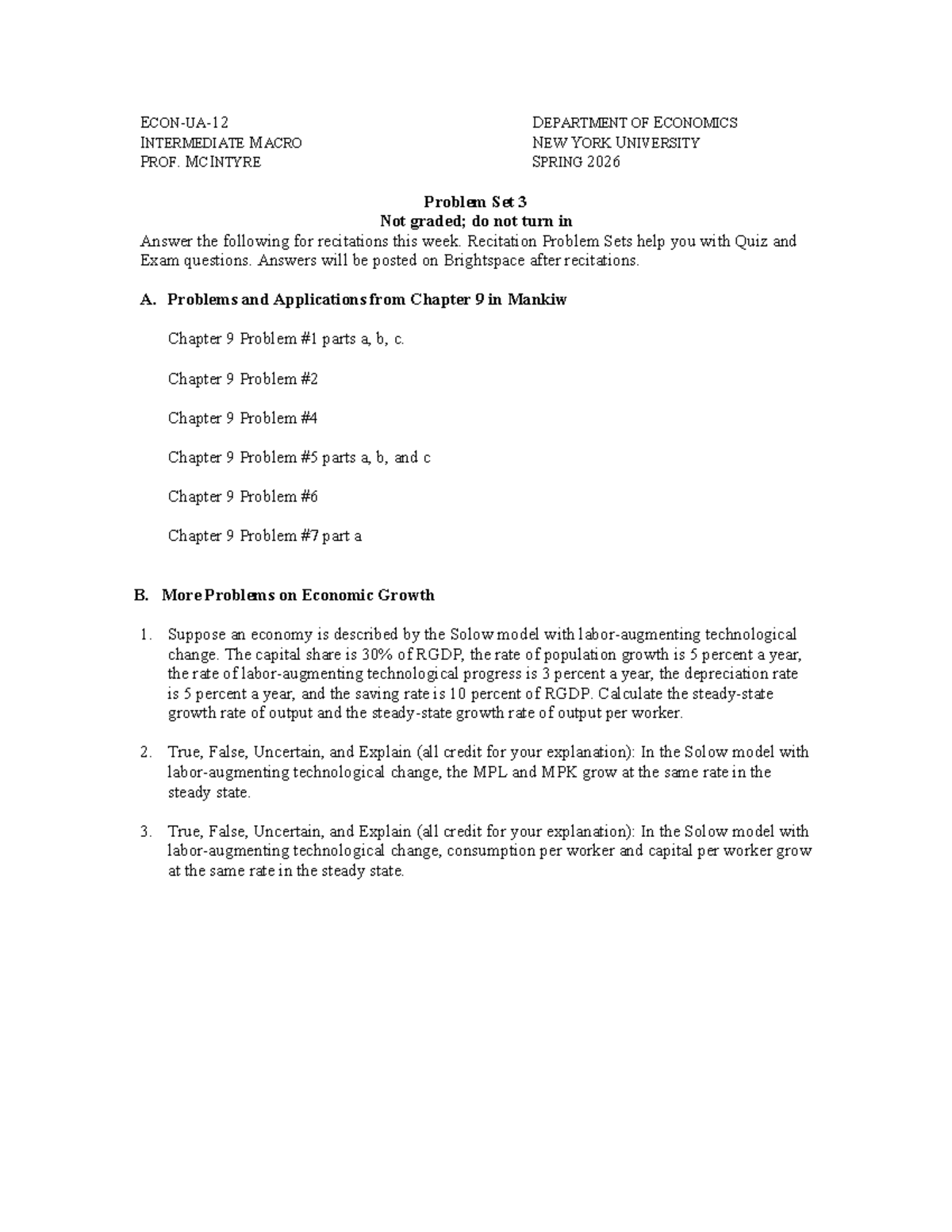 PS3 - Intermediate Macro Problem Set 3 - Prof. McIntyre - Spring 2026 ...