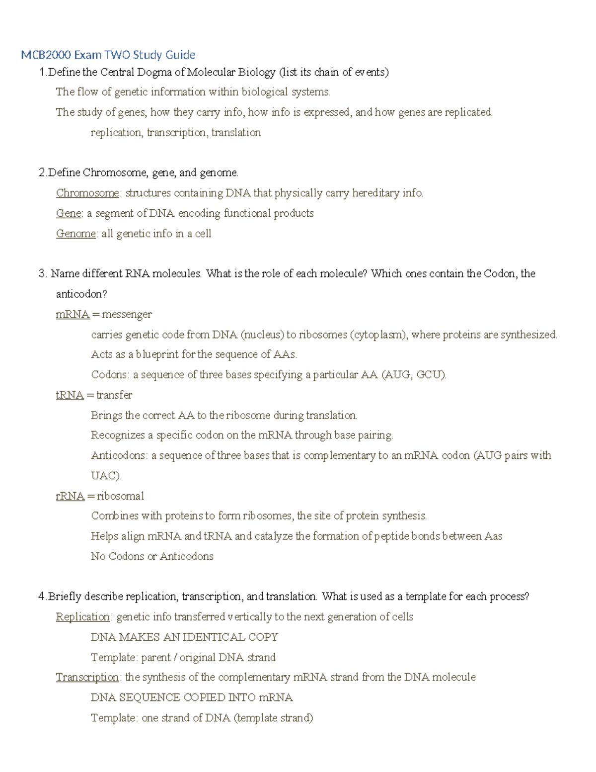 MCB2000 Exam II Study Guide: Key Concepts in Molecular Biology - Studocu