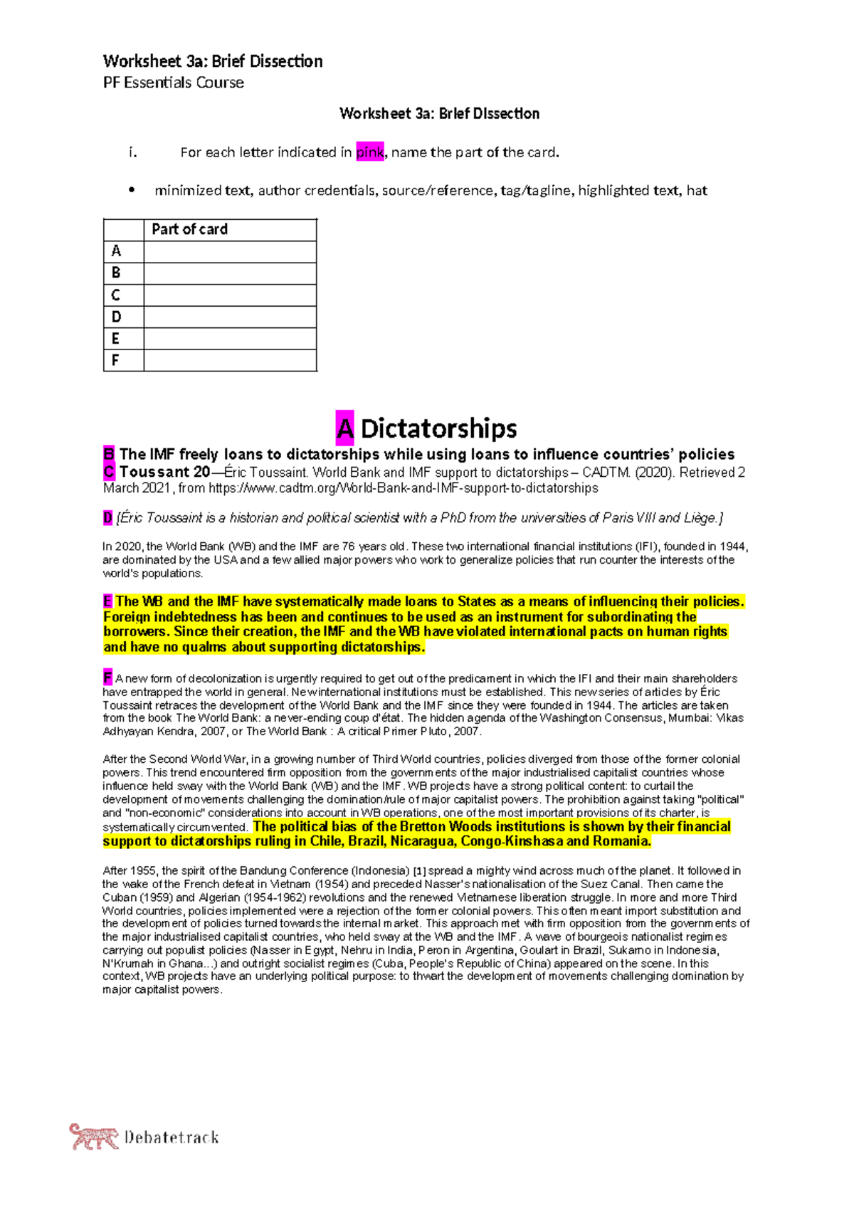 PF Essentials Course Worksheet 3a: Brief Dissection Analysis - Studocu