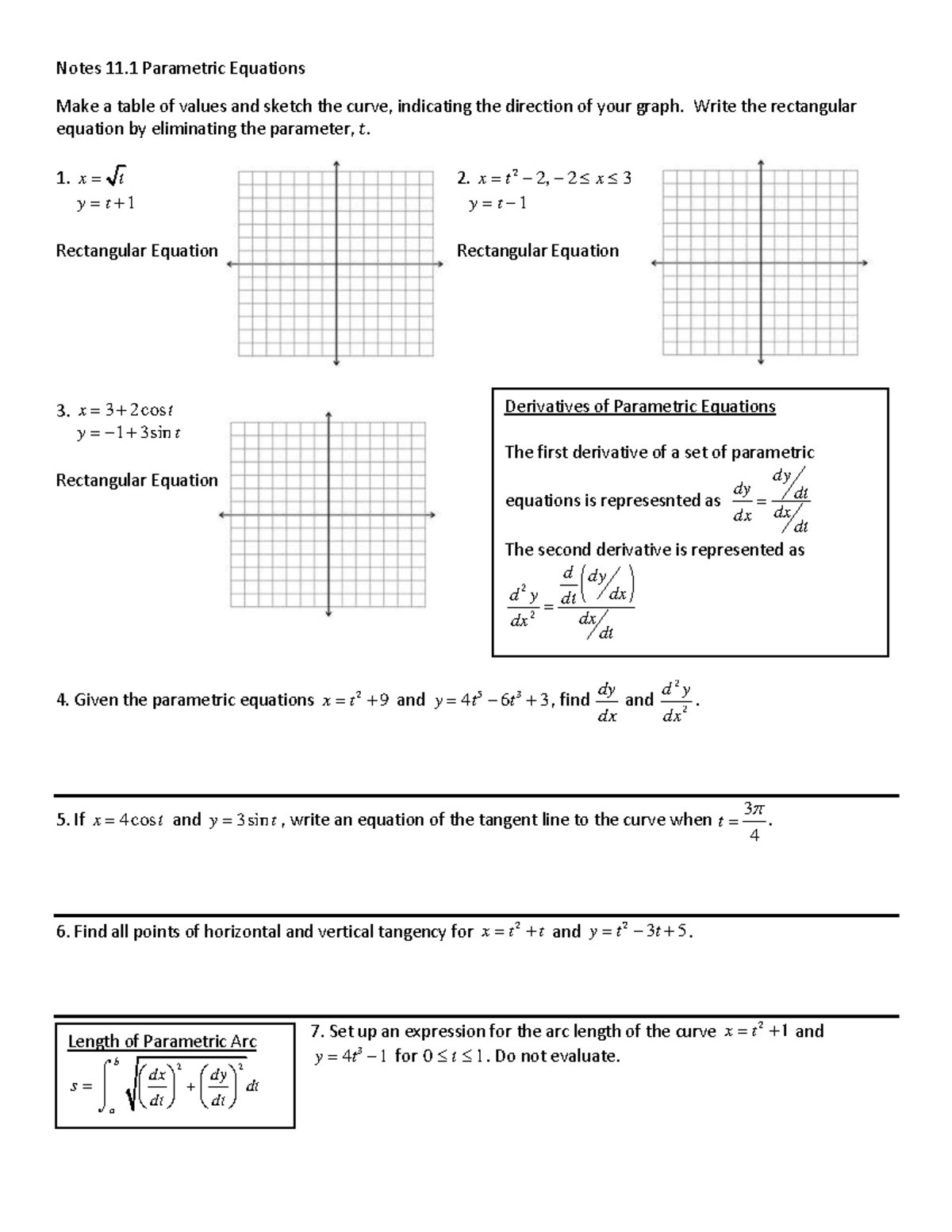 11.1 Parametric Equations: Derivatives, Rectangular Equations & Arc ...