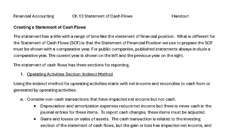 Financial Accounting 13: Statement of Cash Flows Handout - Studocu