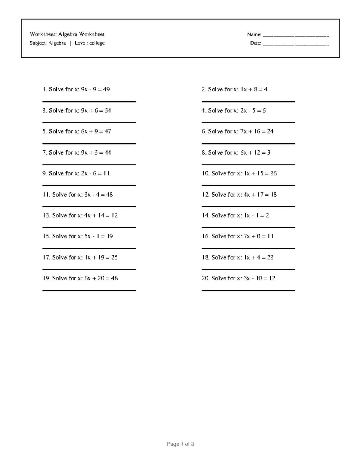 Algebra Worksheet 5: College Level Problems and Solutions - Studocu
