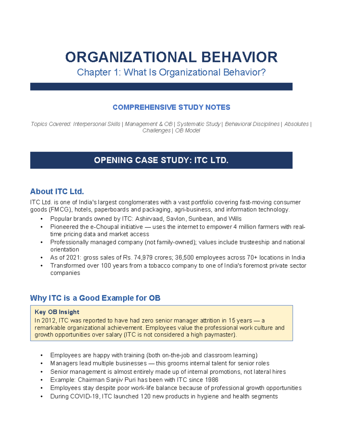 OB 101: Chapter 1 Study Notes on Organizational Behavior - Studocu