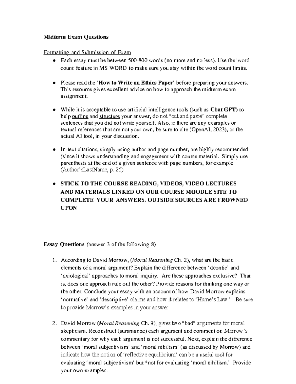Midterm Exam Questions for MOR 214 - Fall 2024: Essay Guidelines ...