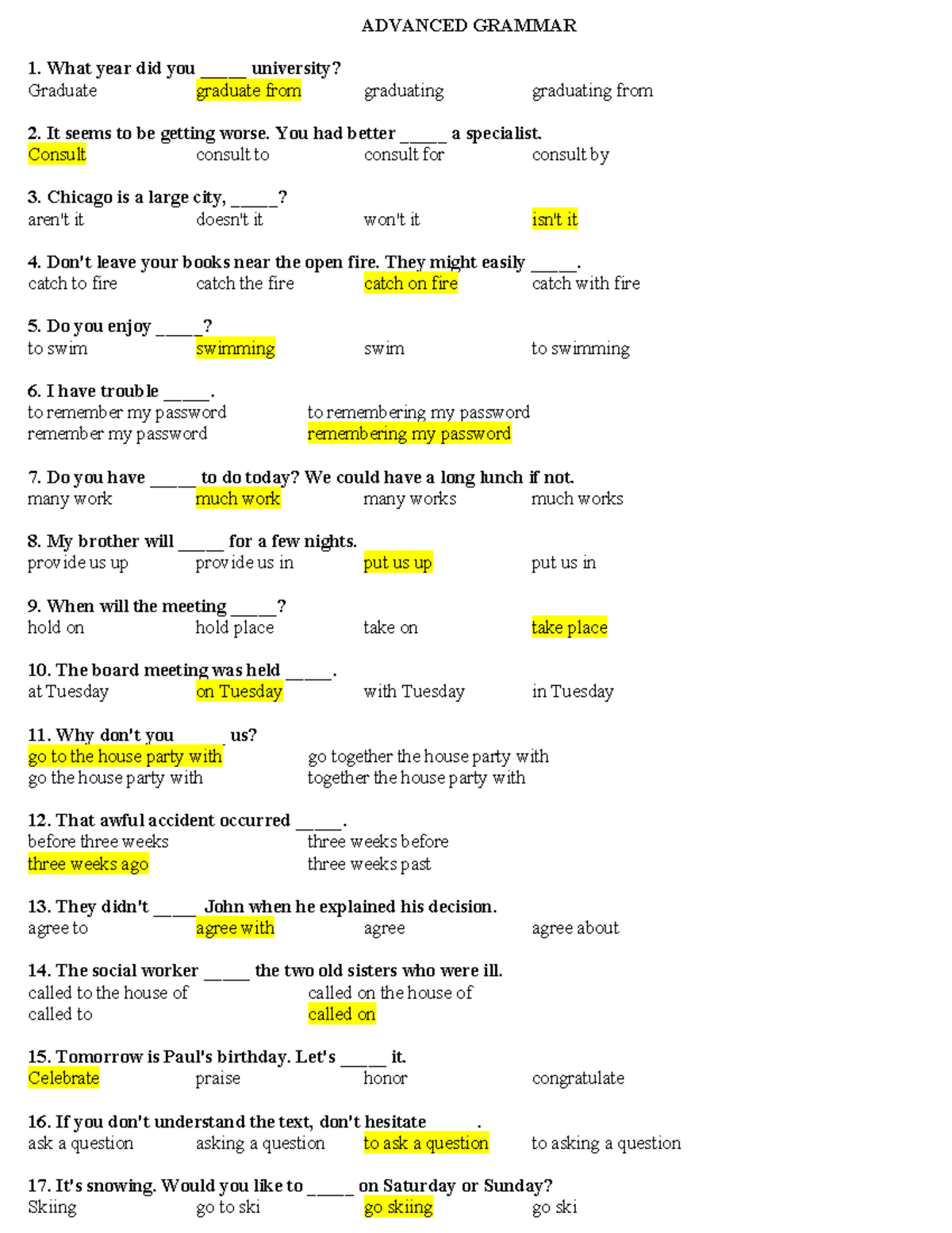 Advanced Grammar 1: Exercises and Practice Questions - Studocu