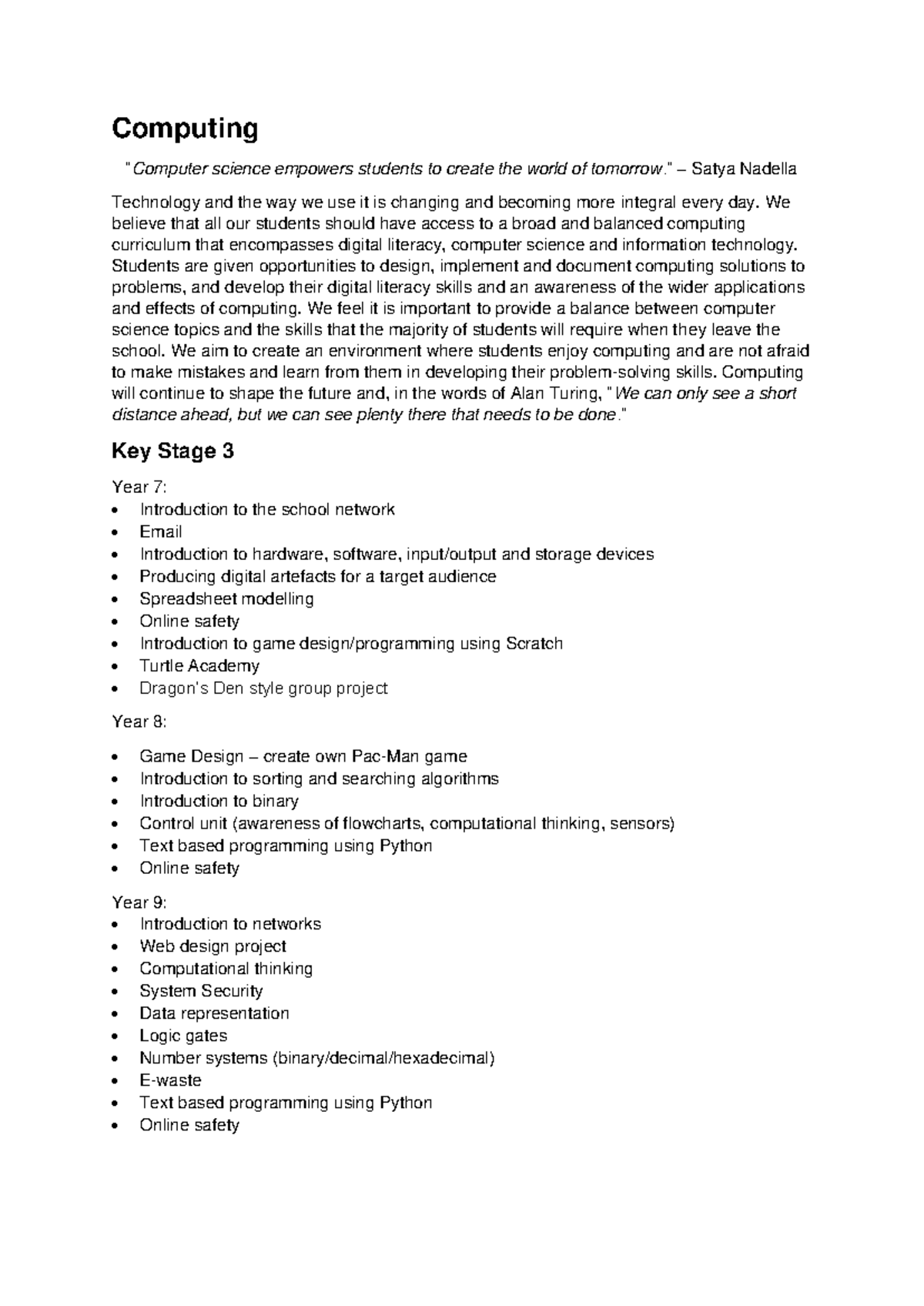 Computing 2021-22 - Key Stage 3 & 4 Curriculum Overview - Studocu