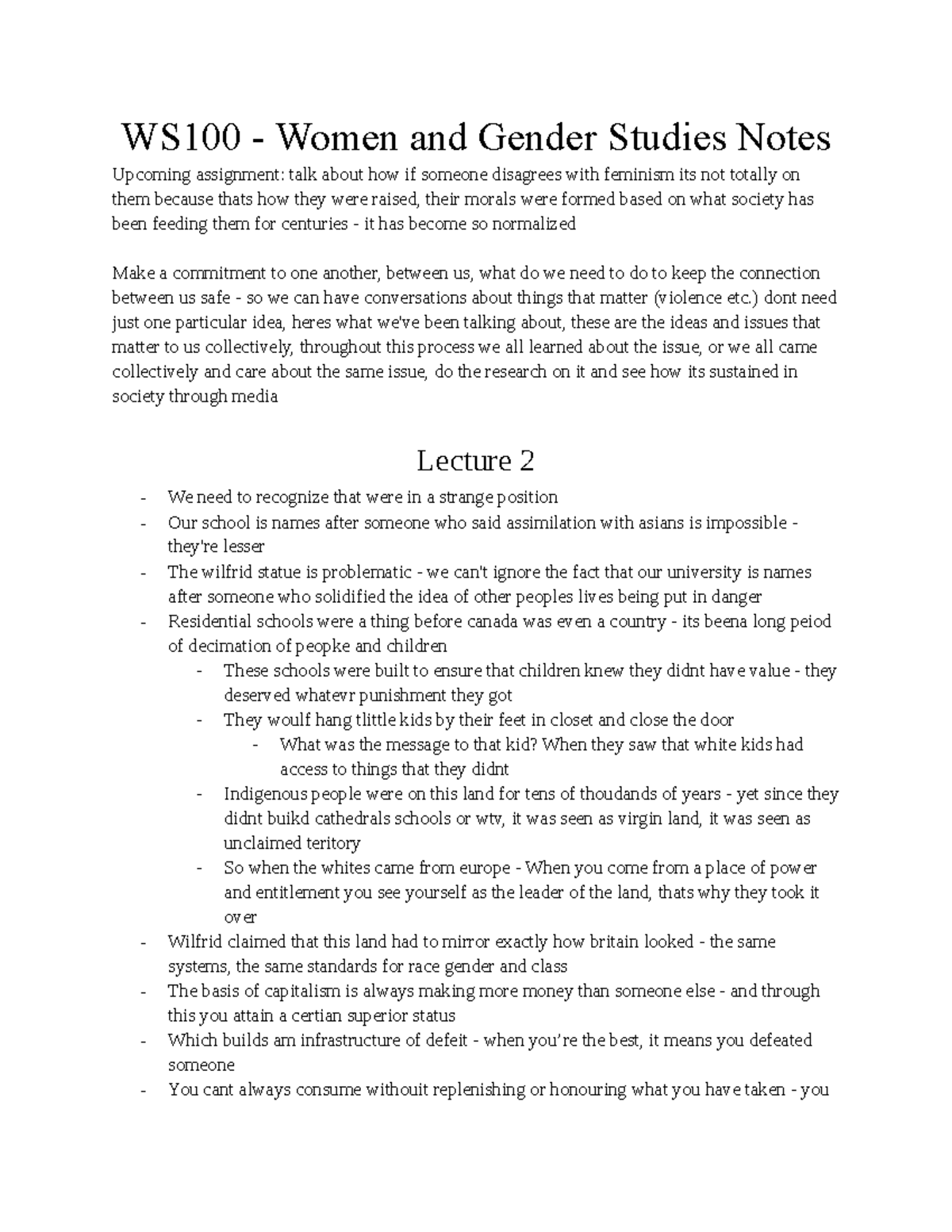 WS100 - Women and Gender Studies Lecture Notes and Discussion - Studocu