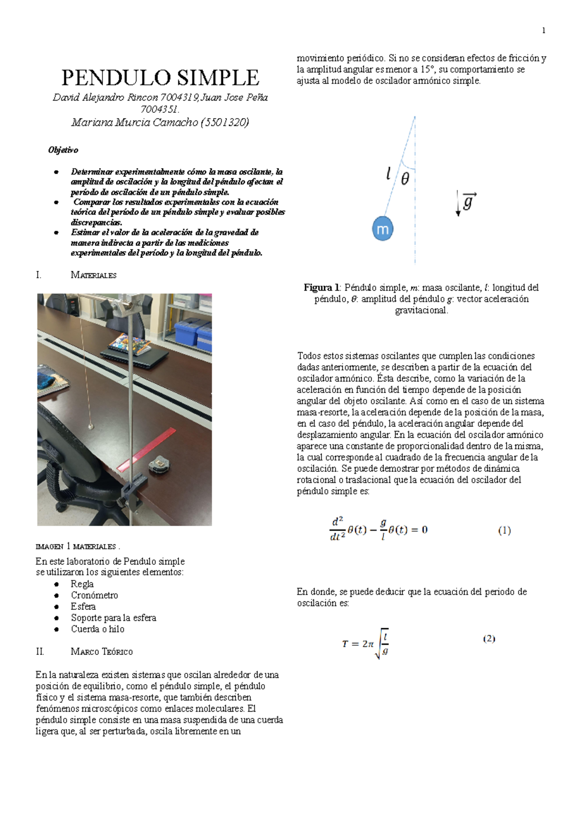 Pendulo simple - informe - PENDULO SIMPLE David Alejandro Rincon ...