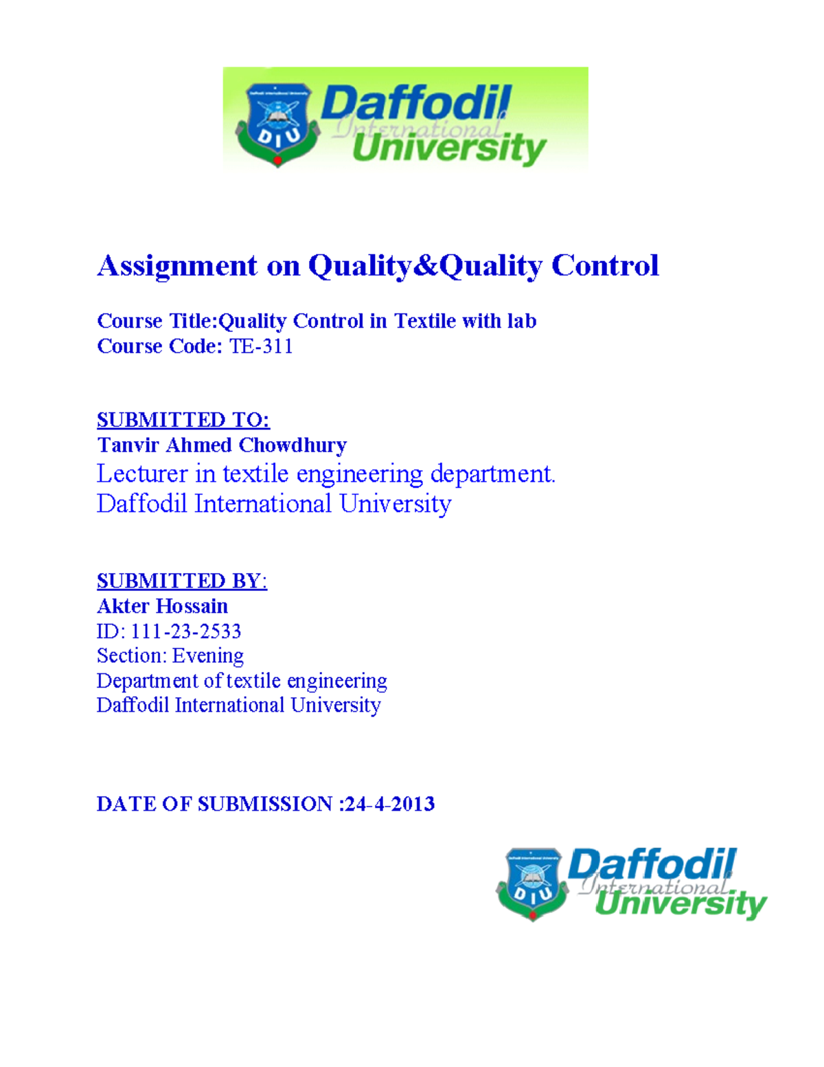 155479506 Assignment on Quality and Quality Control Final - Assignment ...