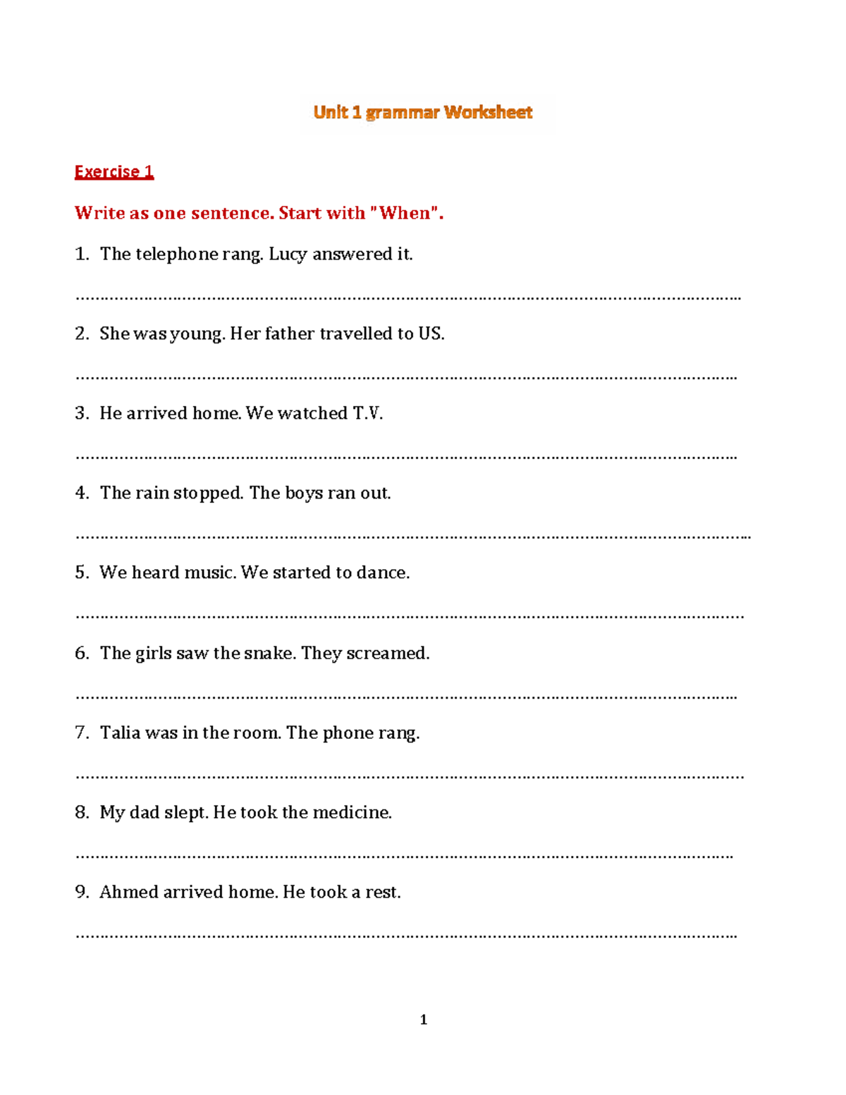 Unit 1 Grammar Worksheet: Exercises on Sentence Structure and Verbs ...