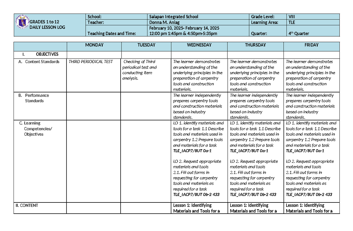 Q4 WEEK 1 - dll - GRADES 1 to 12 DAILY LESSON LOG School: Salapan ...