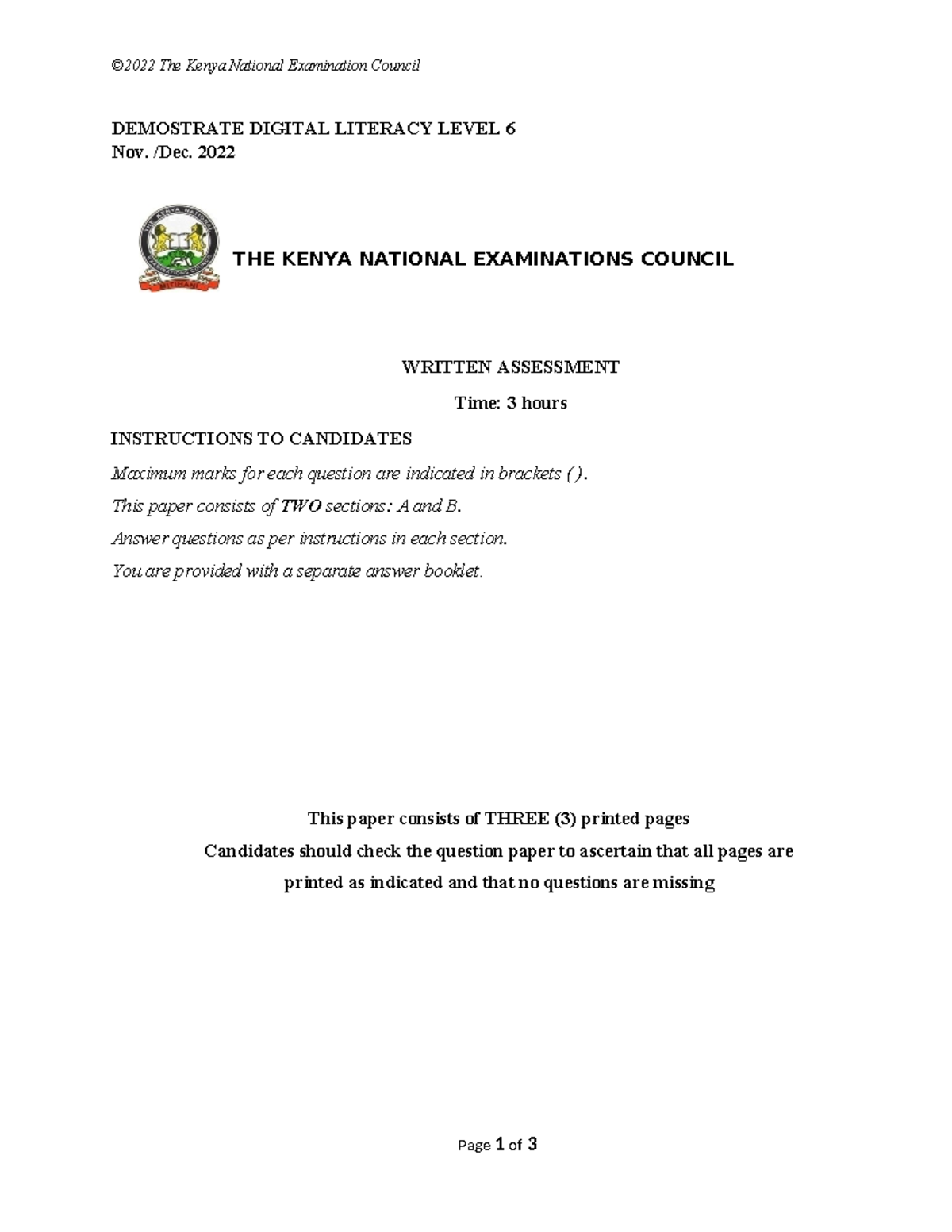 Digital Literacy Level 6 Exam - Kenya National Examination Council ...