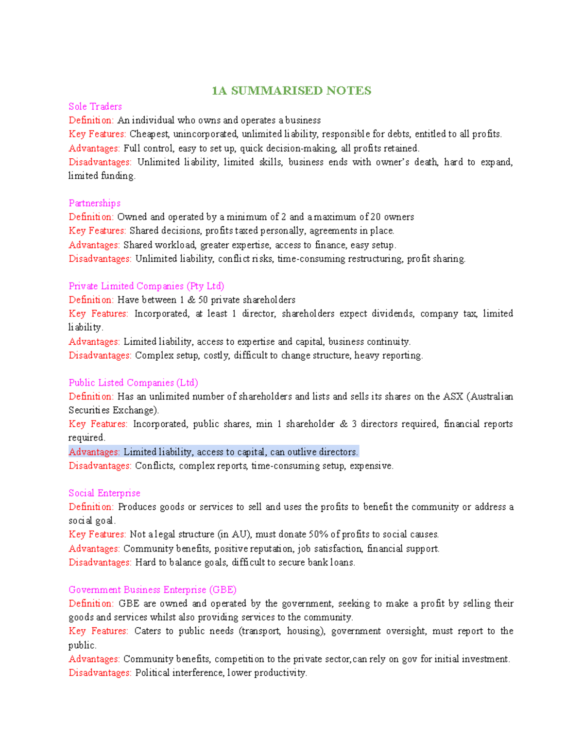 CH1 Summarised Notes: Business Management Concepts and Structures - Studocu