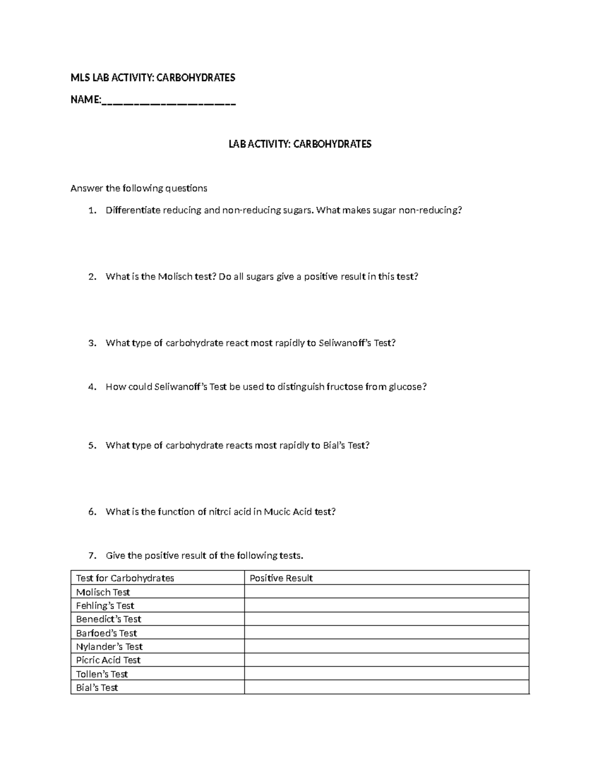 MLS-LAB- Activity Carbohydrates - MLS LAB ACTIVITY: CARBOHYDRATES NAME