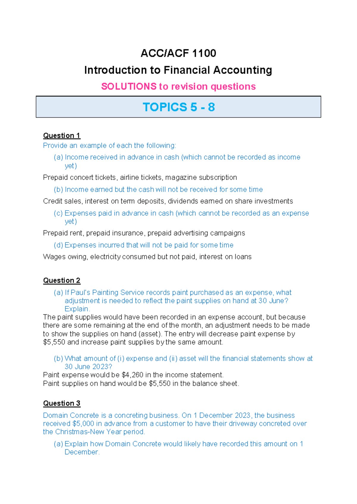 Revision Questions SOLUTIONS (topics 5,6,7,8) - ACC/ACF 1100 ...