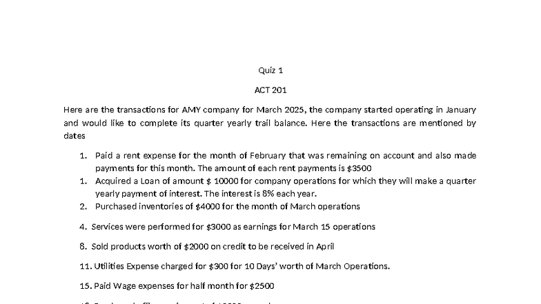 Quiz 1 Transactions Analysis for ACT 201 - Studocu