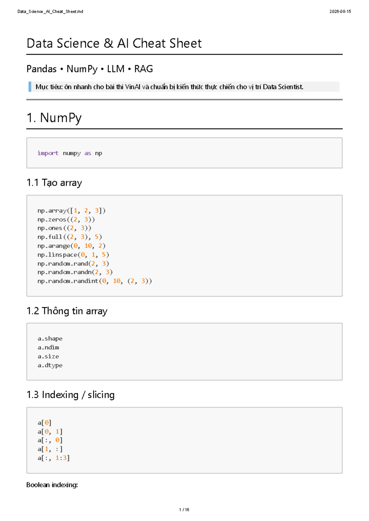 Data Science AI Cheat Sheet for VinAI Exam Preparation - Studocu