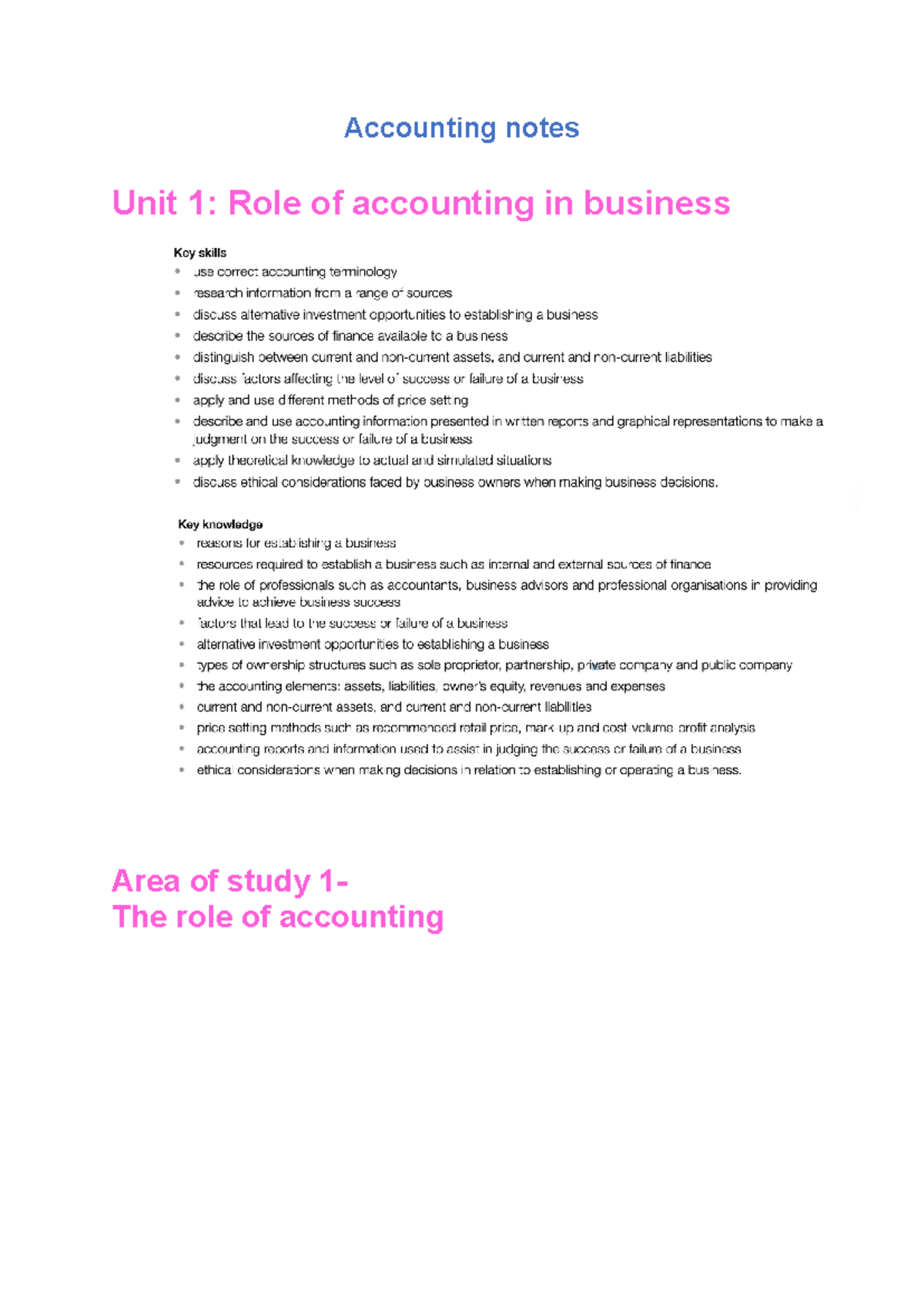 Accounting Notes for Business Studies (ACC101) - Unit 1 Overview - Studocu