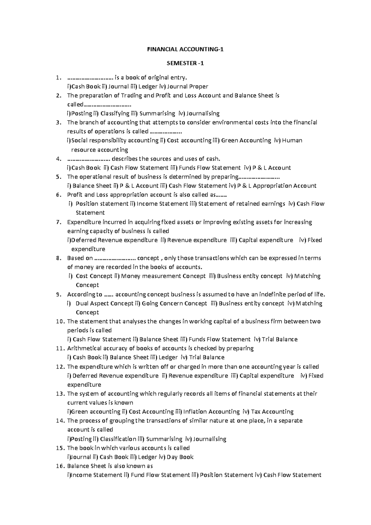 MCQ Financial Accounting I - Semester 1 Study Guide - Studocu
