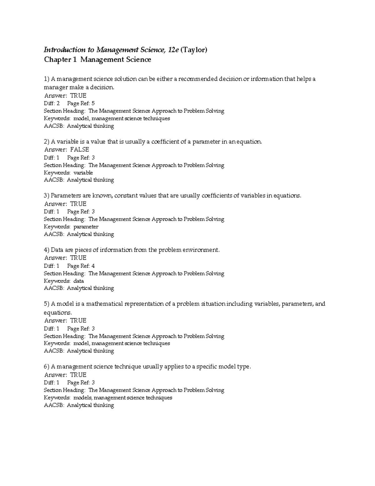 Introduction to Management Science Chapter 1 Exam Notes 12e - Studocu