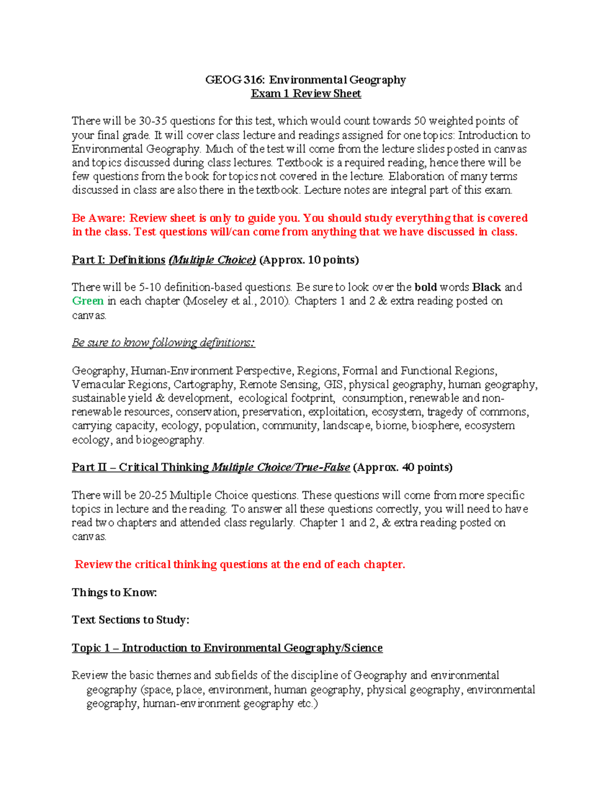 GEOG 316: Environmental Geography Exam 1 Study Guide & Review - Studocu