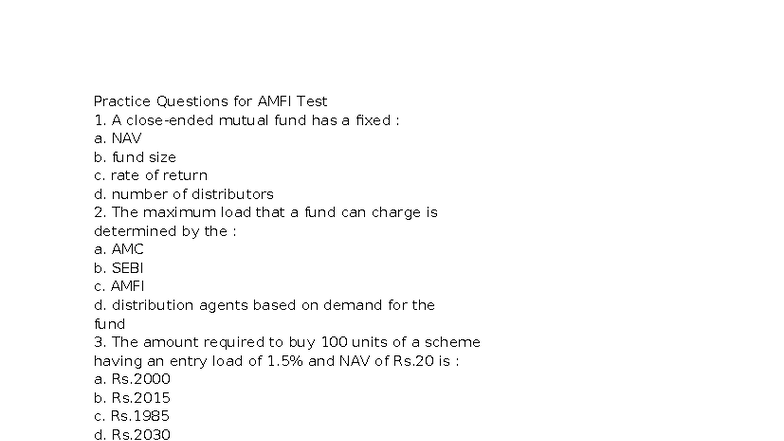 AMFI Test 1 Practice Questions on Mutual Funds - Studocu