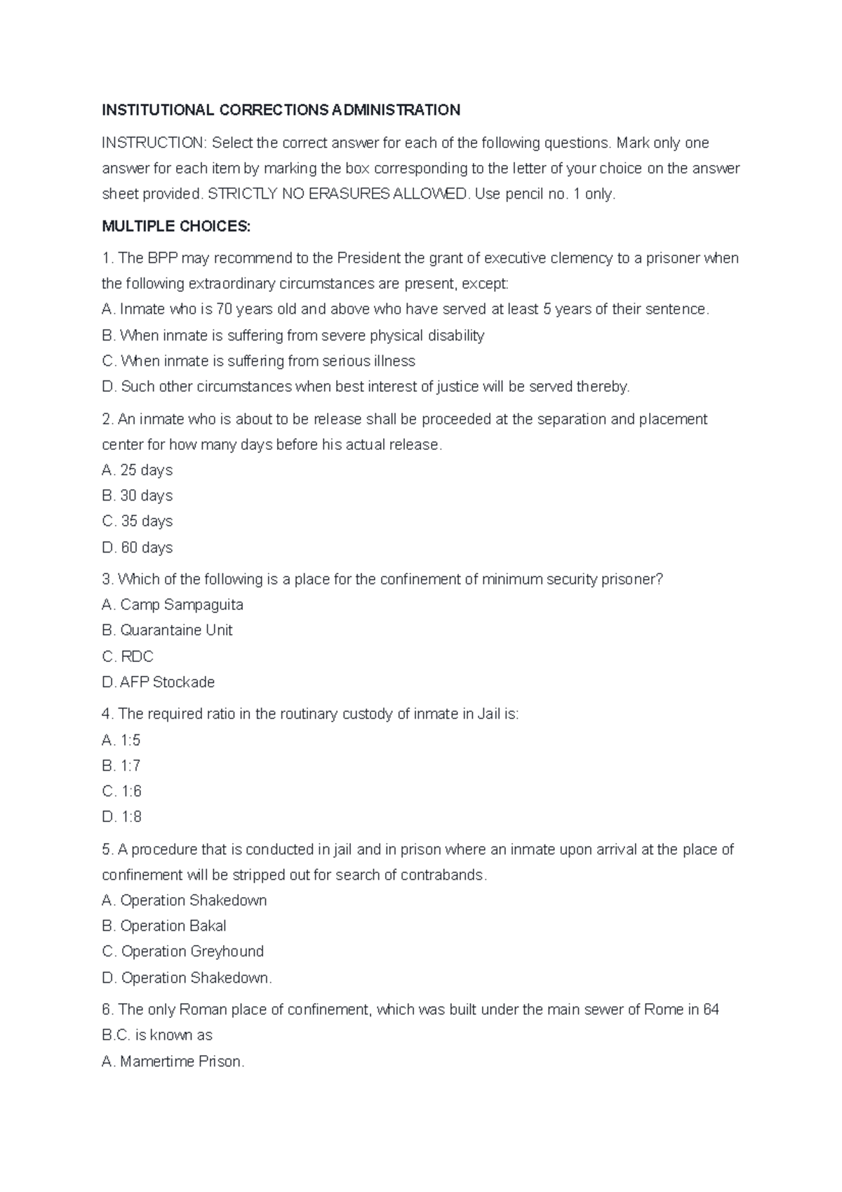 Institutional Corrections Admin: Multiple Choice Questions Review - Studocu