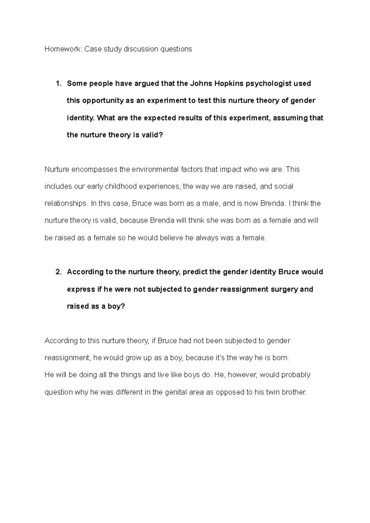 Homework: Case Study Discussion Questions on Gender Identity Nurture vs ...