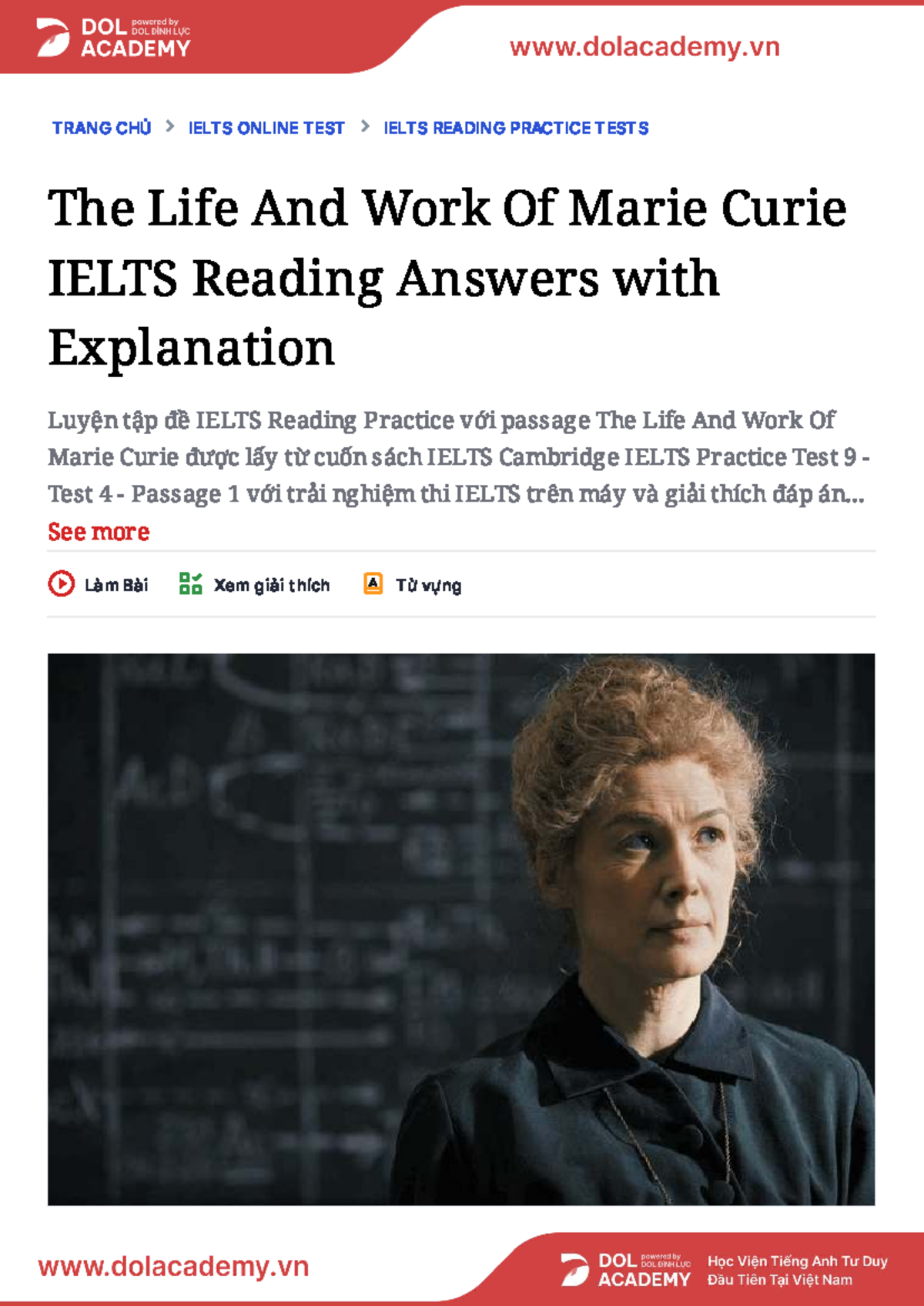TRANG CHỦ IELTS ONLINE TEST: Reading Practice on Marie Curie - Studocu