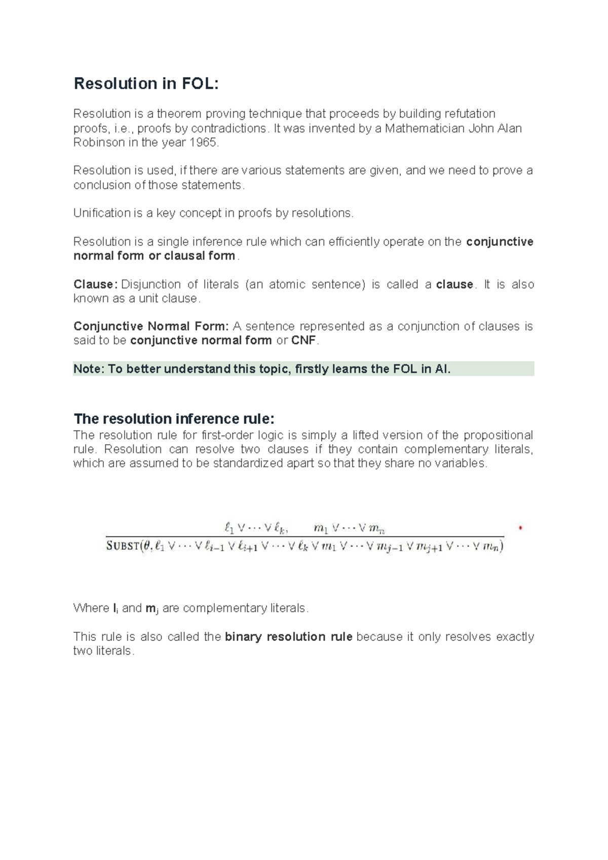 Resolution in FOL: A Theorem Proving Technique in AI - Studocu