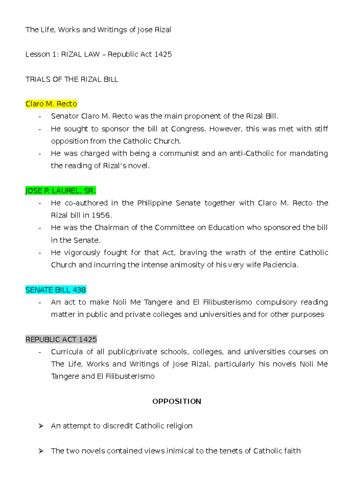 RIZAL LAW & Bill Trials: Lesson 1 on Jose Rizal's Legacy - Studocu