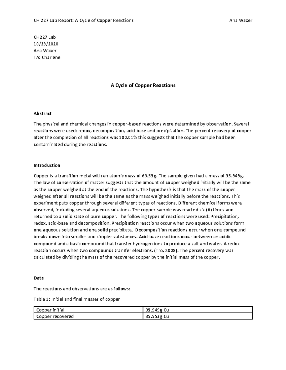 Copper Cycle Lab Report - CH 227 Lab Report: A Cycle of Copper ...