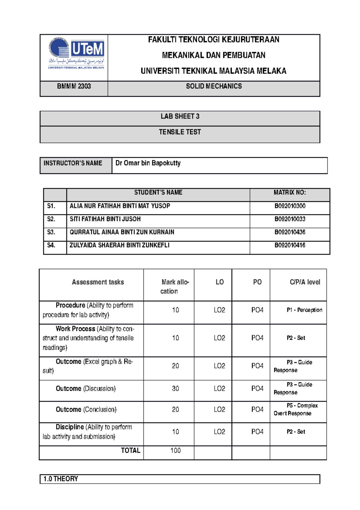 Tensile Test Lab Report - BMMM 2303 Solid Mechanics - Studocu
