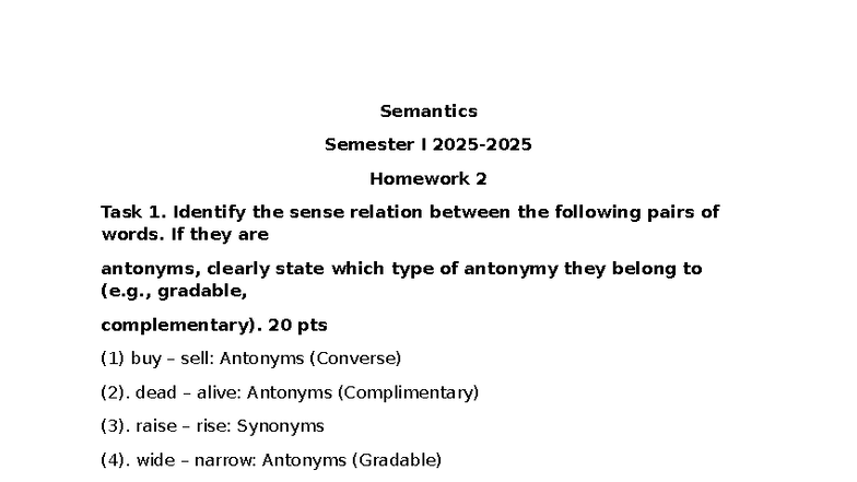 Semantics Semester I Homework 2: Sense Relations & Propositions - Studocu