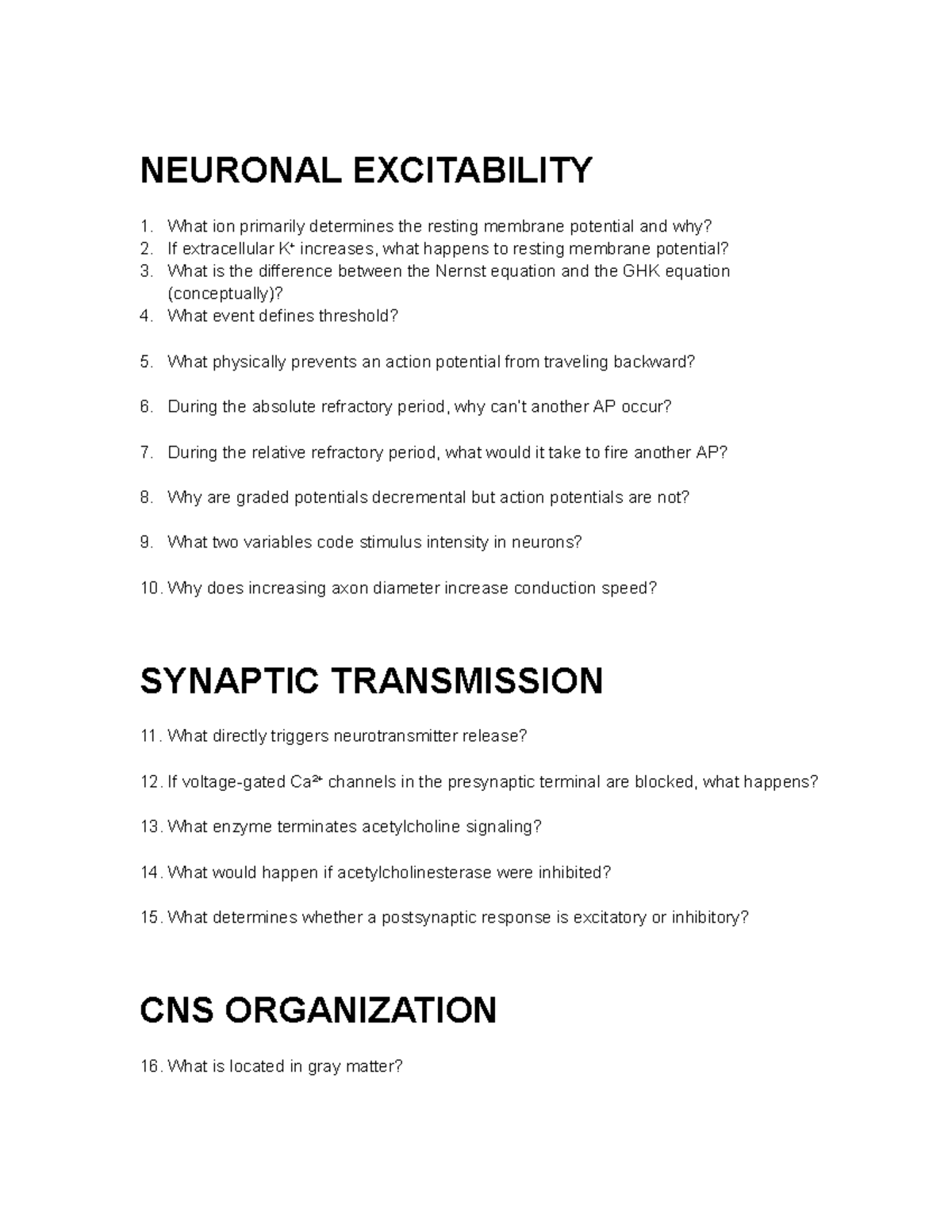 Physiology Study Guide: NEUR 101 Final Exam Review on Neuronal ...