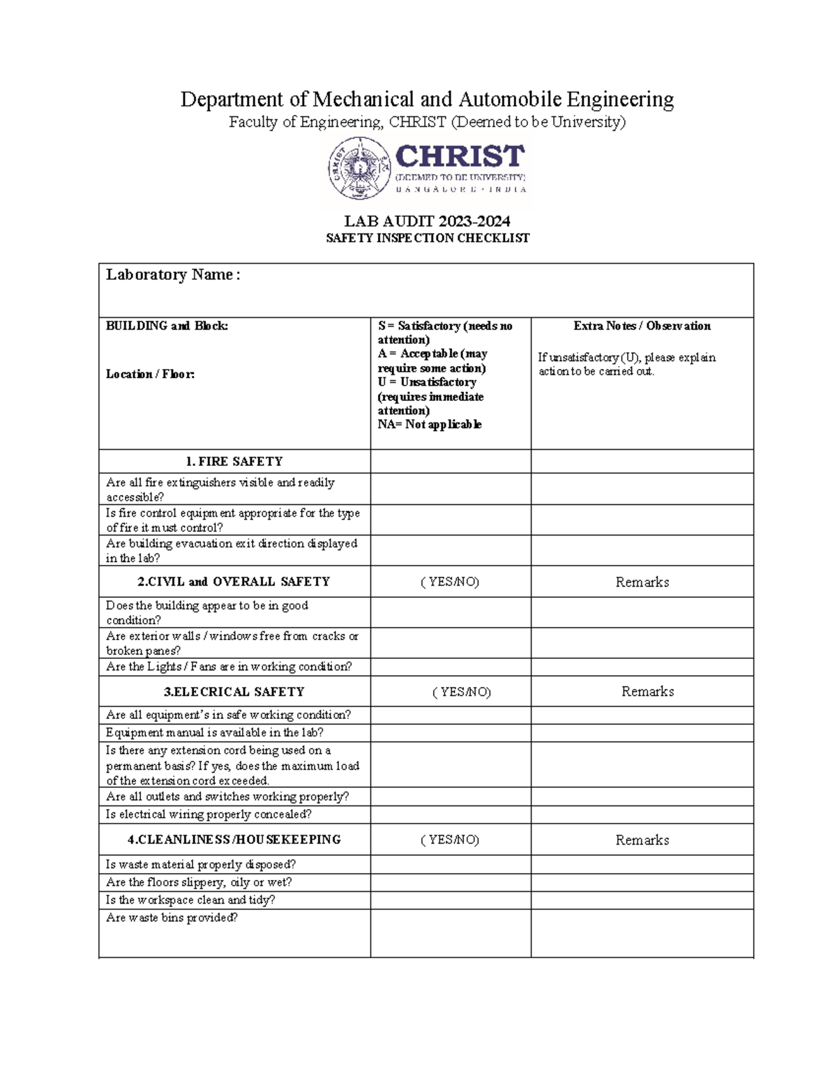 LAB AUDIT SAFETY INSPECTION CHECKLIST 2023-24 - Studocu