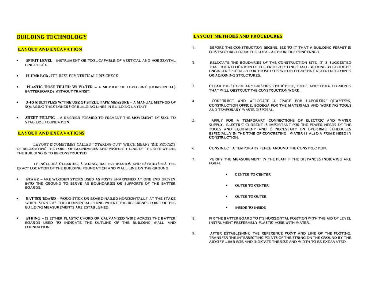 Building Technology 4: Layout Methods & Excavation Procedures - Studocu